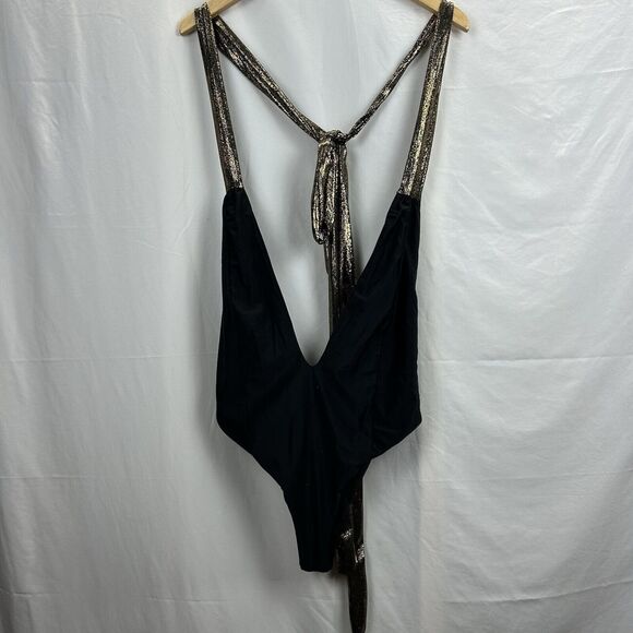 OMG Miami Swimwear Black Swimsuit Size Large Metallic Gold Tie Backs Revealing - Picture 2 of 11